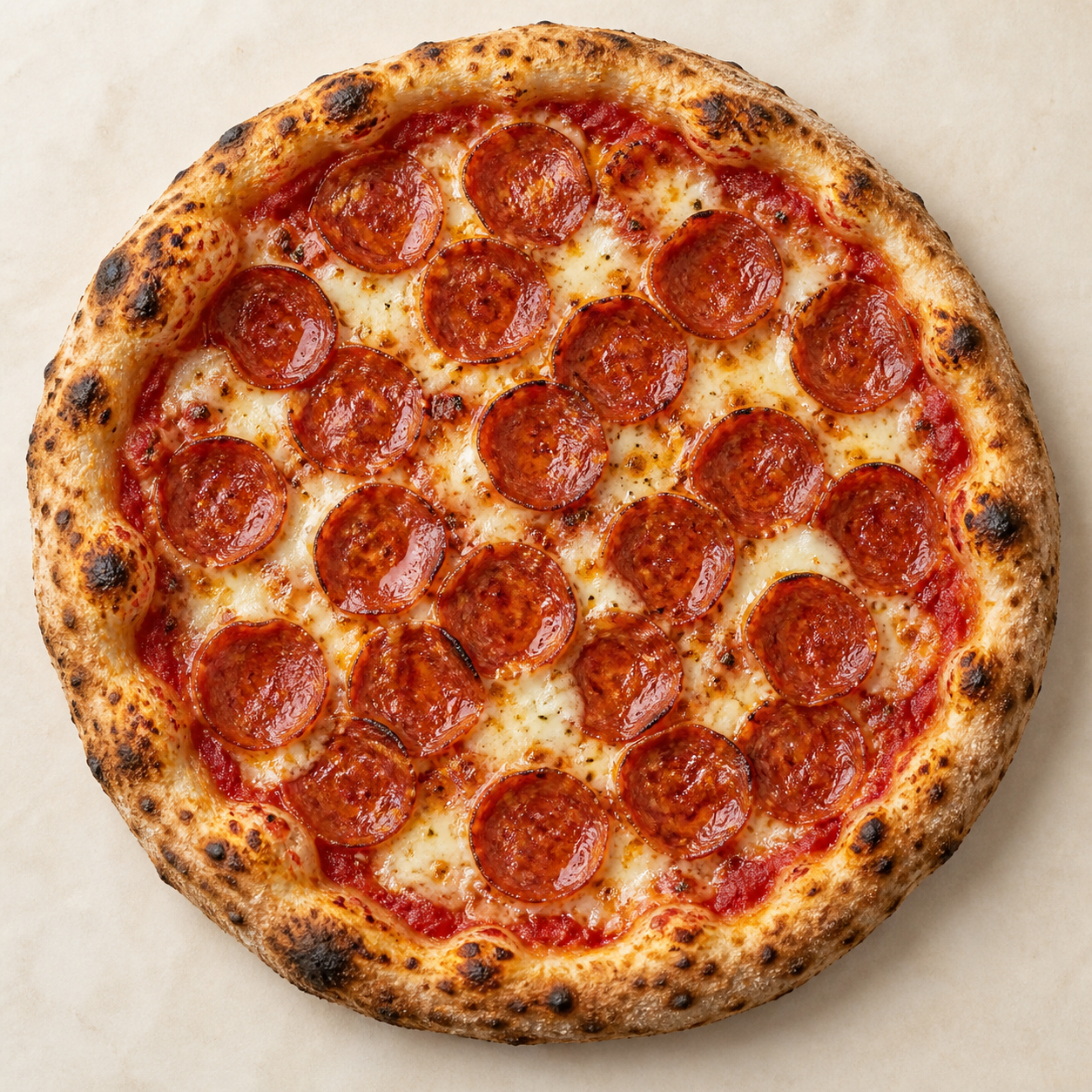 Pizza de pepperoni con mozzarella y orilla dorada